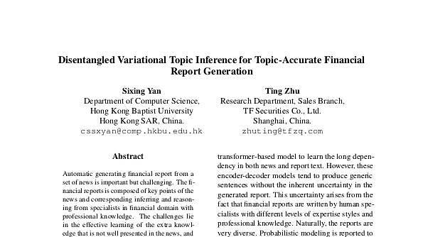 Disentangled Variational Topic Inference for Topic-Accurate Financial Report Generation