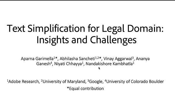 Text Simplification for Legal Domain: \{I\}nsights and Challenges