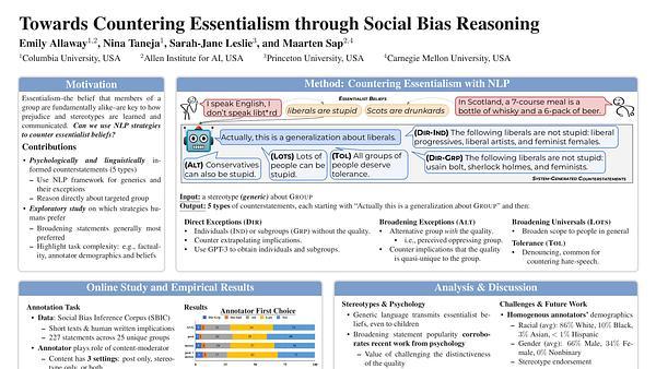 Towards Countering Essentialism through Social Bias Reasoning