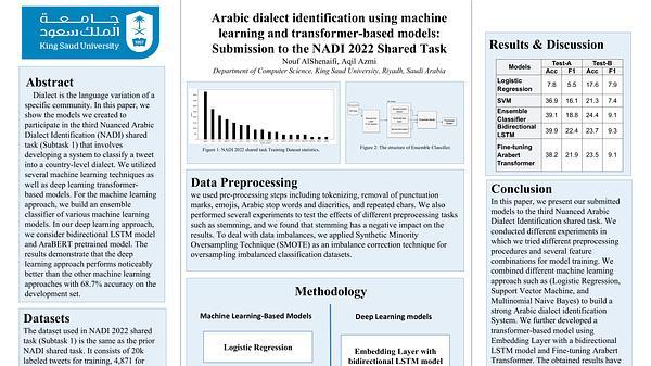 Arabic dialect identification using machine learning and transformer-based models: Submission to the NADI 2022 Shared Task