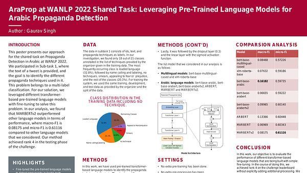 AraProp at WANLP 2022 Shared Task: Leveraging Pre-Trained Language Models for Arabic Propaganda Detection