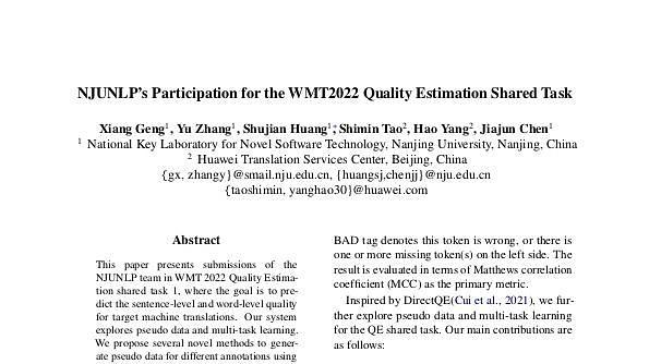 NJUNLP's Participation for the WMT2022 Quality Estimation Shared Task