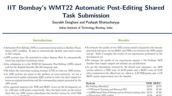 IIT Bombay's WMT22 Automatic Post-Editing Shared Task Submission