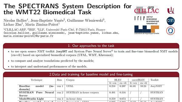 The SPECTRANS System Description for the WMT22 Biomedical Task