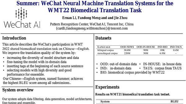 Summer: WeChat Neural Machine Translation Systems for the WMT22 Biomedical Translation Task