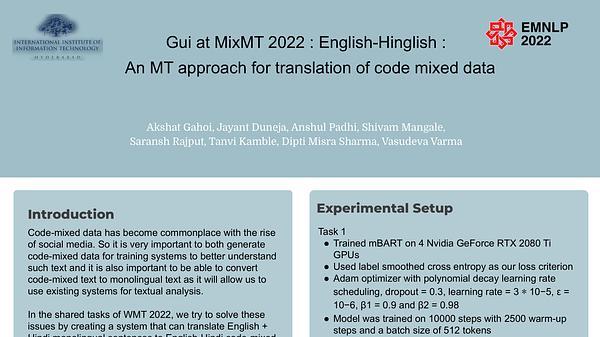 Gui at MixMT 2022 : English-Hinglish : An MT Approach for Translation of Code Mixed Data