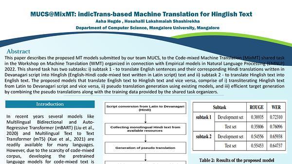 MUCS@MixMT: IndicTrans-based Machine Translation for Hinglish Text
