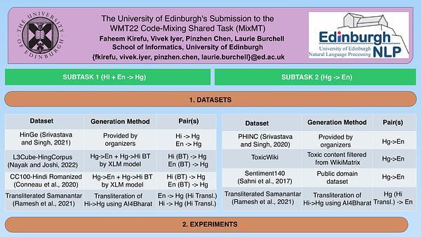 The University of Edinburgh's Submission to the WMT22 Code-Mixing Shared Task (MixMT)