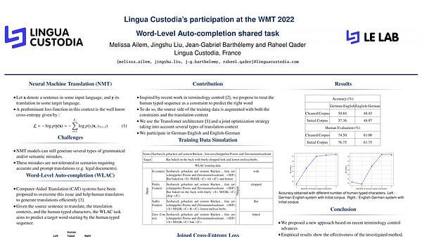 Lingua Custodia's Participation at the WMT 2022 Word-Level Auto-completion Shared Task