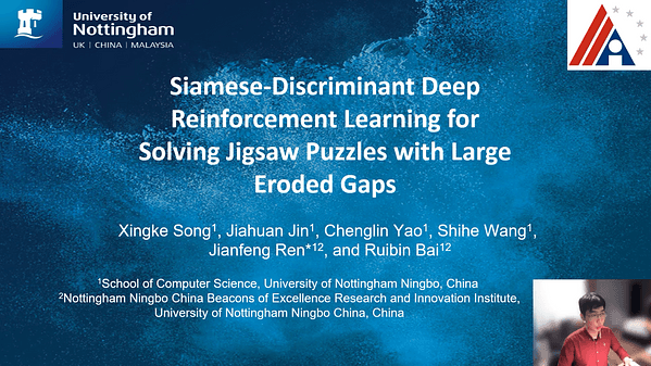 Siamese-Discriminant Deep Reinforcement Learning for Solving Jigsaw Puzzles with Large Eroded Gaps