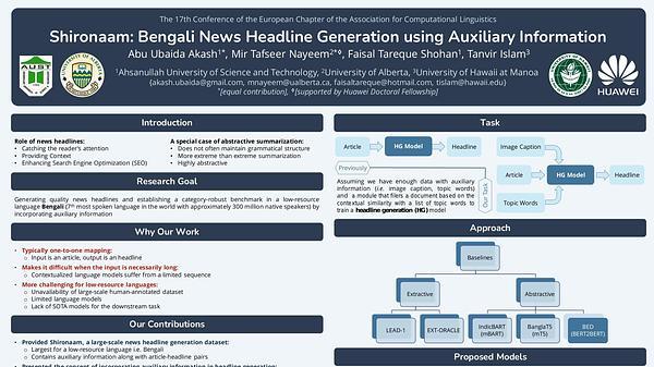 Shironaam: Bengali News Headline Generation using Auxiliary Information