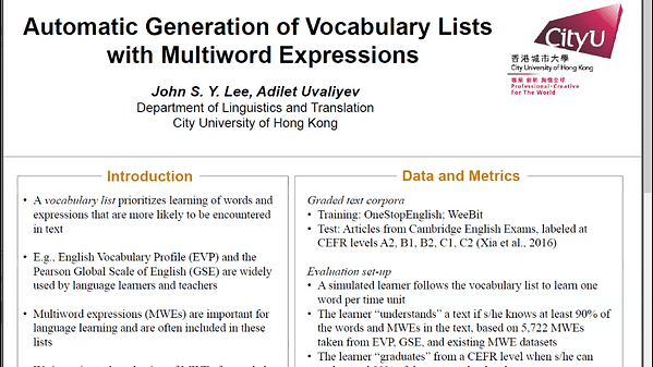 Automatic Generation of Vocabulary Lists with Multiword Expressions