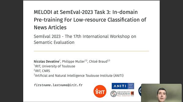 MELODI at SemEval-2023 Task 3: In-domain Pre-training for Low-resource Classification of News Articles