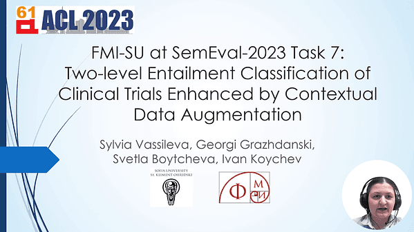 FMI-SU at SemEval-2023 Task 7: Two-level Entailment Classification of Clinical Trials Enhanced by Contextual Data Augmentation