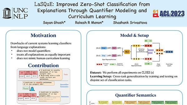 LaSQuE: Improved Zero-Shot Classification from Explanations Through Quantifier Modeling and Curriculum Learning