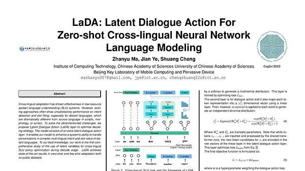 LaDA: Latent Dialogue Action For Zero-shot Cross-lingual Neural Network Language Modeling