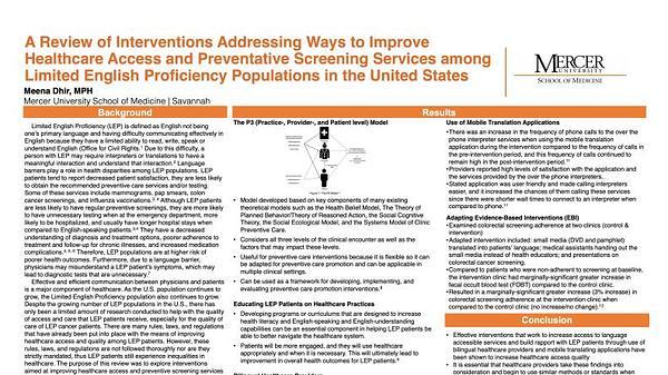 A Review of Interventions Addressing Ways to Improve Healthcare Access and Preventative Screening Services among Limited English Proficiency Population in the United States