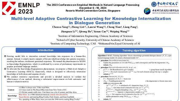 Multi-level Adaptive Contrastive Learning for Knowledge Internalization in Dialogue Generation | VIDEO