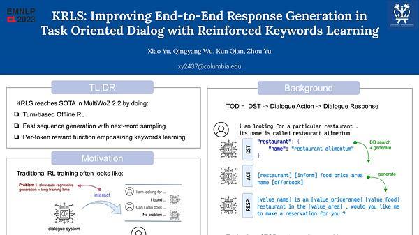 KRLS: Improving End-to-End Response Generation in Task Oriented Dialog with Reinforced Keywords Learning | VIDEO