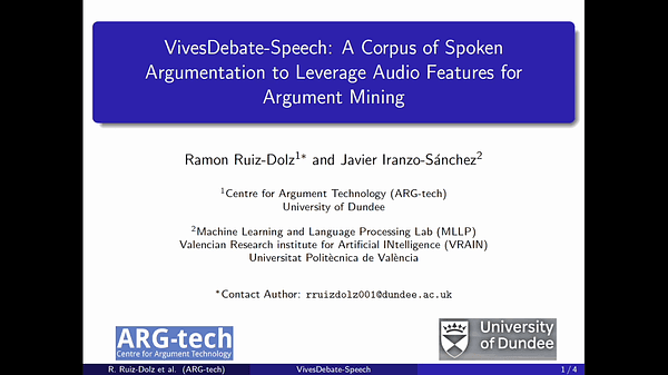 VivesDebate-Speech: A Corpus of Spoken Argumentation to Leverage Audio Features for Argument Mining | VIDEO