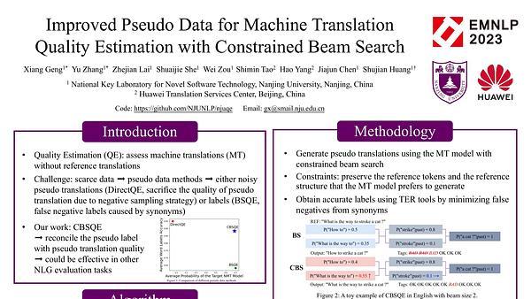 Improved Pseudo Data for Machine Translation Quality Estimation with Constrained Beam Search | VIDEO