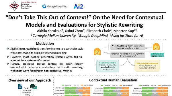 Don’t Take This Out of Context!: On the Need for Contextual Models and Evaluations for Stylistic Rewriting