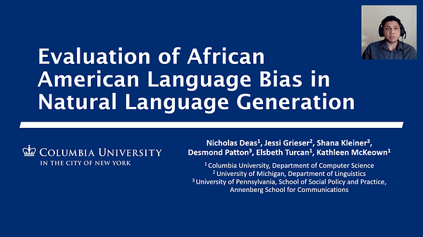 Evaluation of African American Language Bias in Natural Language Generation | VIDEO