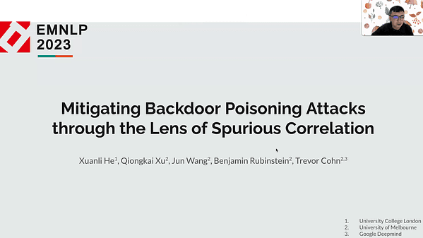 Mitigating Backdoor Poisoning Attacks through the Lens of Spurious Correlation | VIDEO