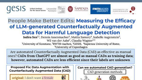 People Make Better Edits: Measuring the Efficacy of LLM-Generated Counterfactually Augmented Data for Harmful Language Detection | VIDEO