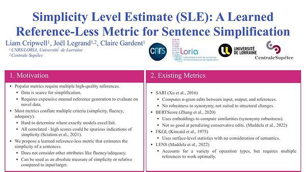 Simplicity Level Estimate (SLE): A Learned Reference-Less Metric for Sentence Simplification | VIDEO