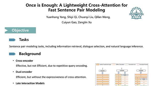 Once is Enough: A Light-Weight Cross-Attention for Fast Sentence Pair Modeling | VIDEO