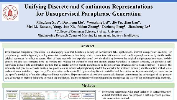 Unifying Discrete and Continuous Representations for Unsupervised Paraphrase Generation | VIDEO