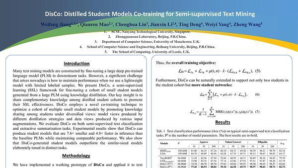 DisCo: Distilled Student Models Co-training for Semi-supervised Text Mining