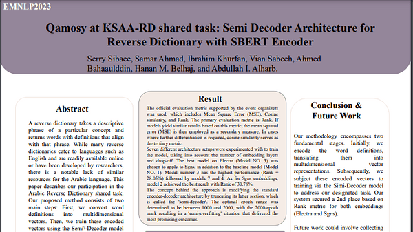 Qamosy at Arabic Reverse Dictionary shared task: Semi Decoder Architecture for Reverse Dictionary with SBERT Encoder | VIDEO