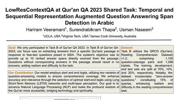 LowResContextQA at Qur'an QA 2023 Shared Task: Temporal and Sequential Representation Augmented Question Answering Span Detection in Arabic