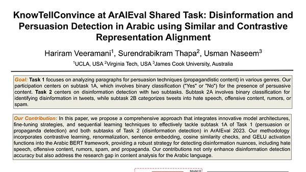 KnowTellConvince at ArAIEval Shared Task: Disinformation and Persuasion Detection in Arabic using Similar and Contrastive Representation Alignment