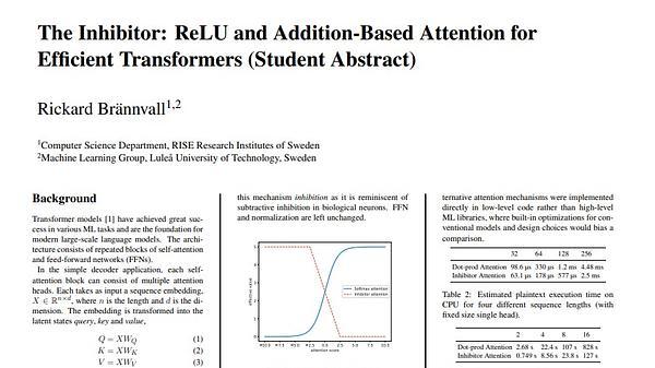 The Inhibitor: ReLU and Addition-Based Attention for Efficient Transformers (Student Abstract)