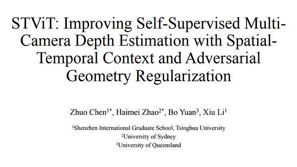STViT: Improving Self-Supervised Multi-Camera Depth Estimation with Spatial-Temporal Context and Adversarial Geometry Regularization (Student Abstract)
