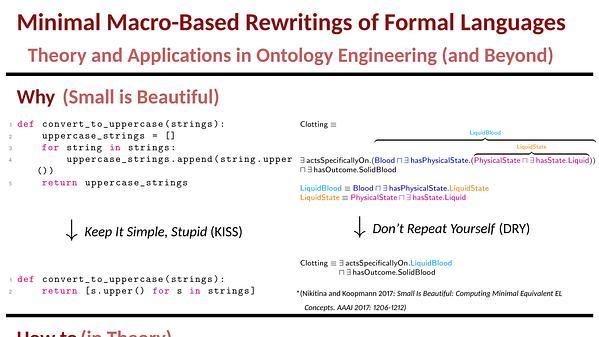 Minimal Macro-Based Rewritings of Formal Languages: Theory and Applications in Ontology Engineering (and Beyond)