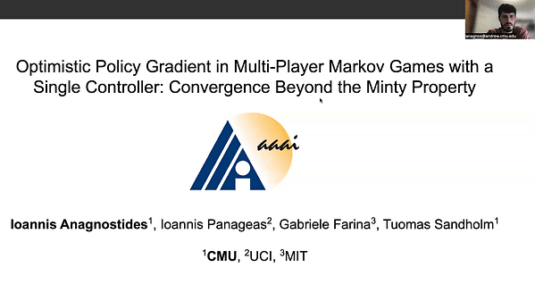 Optimistic Policy Gradient in Multi-Player Markov Games with a Single Controller: Convergence beyond the Minty Property | VIDEO