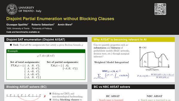 Disjoint Partial Enumeration without Blocking Clauses