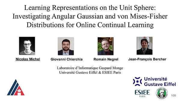 Learning Representations on the Unit Sphere: Investigating Angular Gaussian and Von Mises-Fisher Distributions for Online Continual Learning