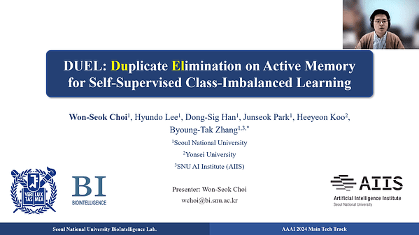 DUEL: Duplicate Elimination on Active Memory for Self-Supervised Class-Imbalanced Learning | VIDEO