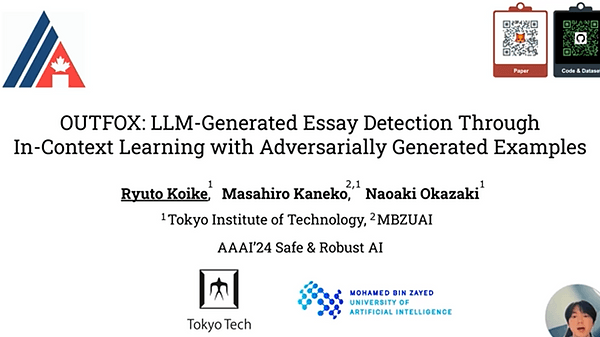 OUTFOX: LLM-Generated Essay Detection Through In-Context Learning with Adversarially Generated Examples | VIDEO