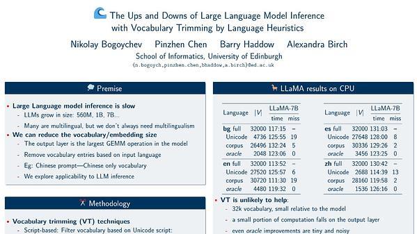 The Ups and Downs of Large Language Model Inference with Vocabulary Trimming by Language Heuristics
