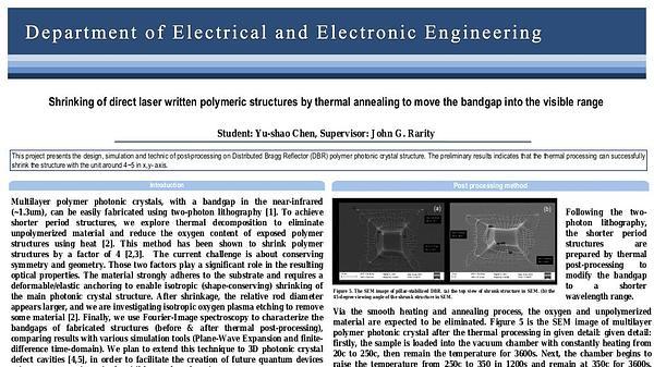 Shrinking of direct laser written polymeric structures by thermal annealing to move the bandgap into the visible range