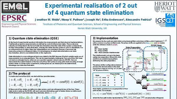 Experimental realisation of 2 out of 4 quantum state elimination