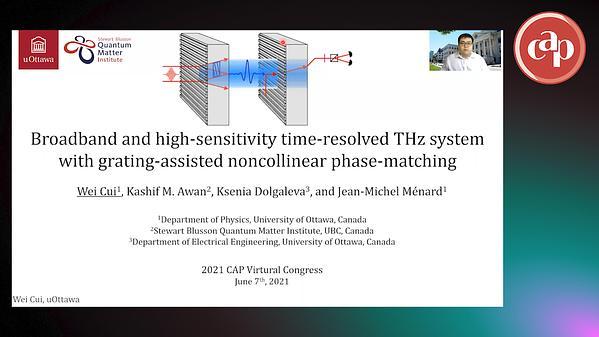 Broadband and high sensitivity THz system with grating-assisted noncollinear phase-matching