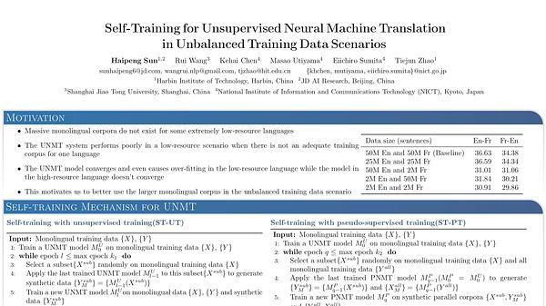 Self-Training for Unsupervised Neural Machine Translation in Unbalanced Training Data Scenarios