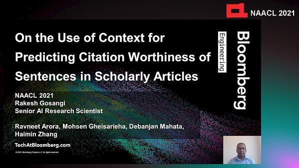 On the Use of Context for Predicting Citation Worthiness of Sentences in Scholarly Articles